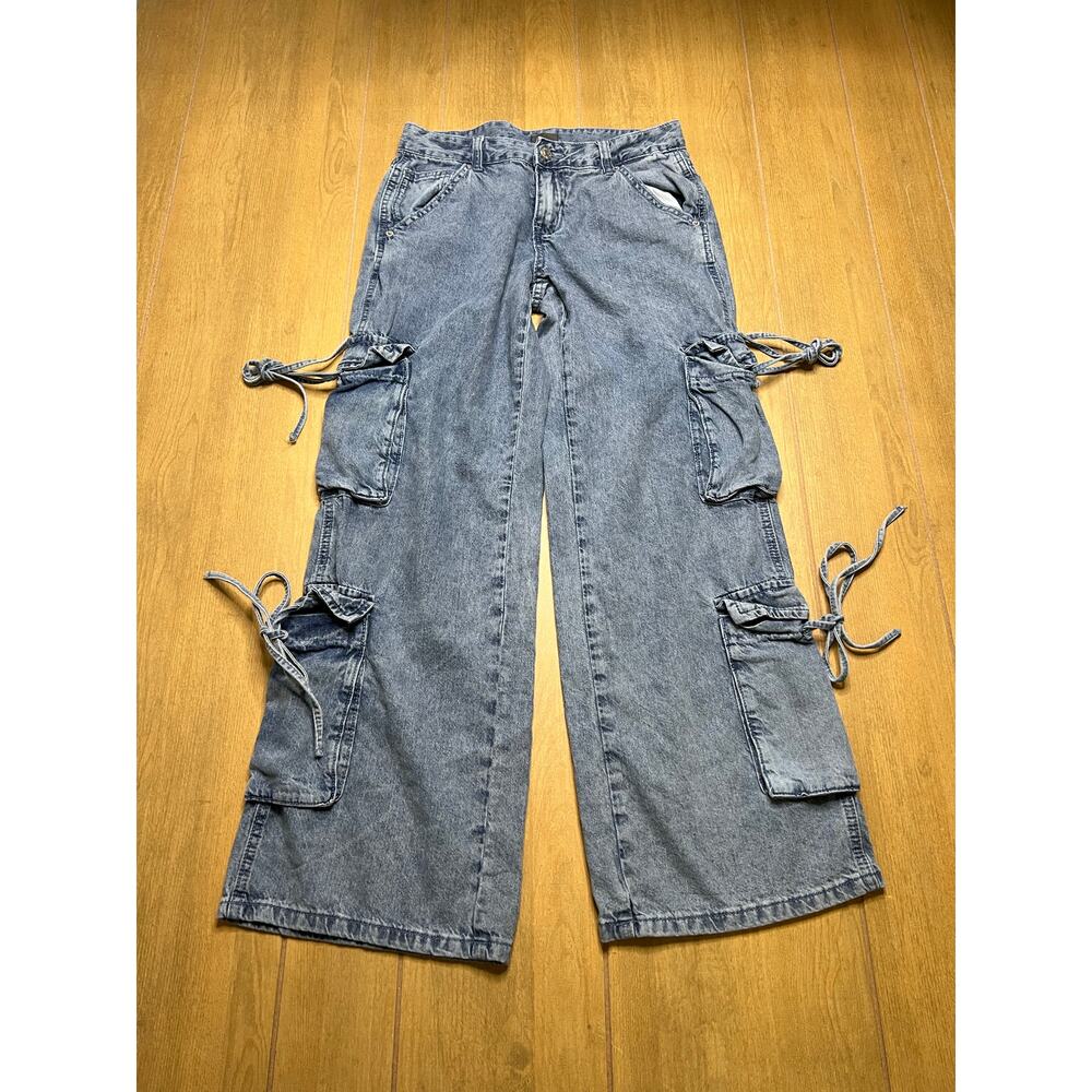 Simple Society Womens Cargo Jeans Wide Leg Strap Y2K Baggy 5/27